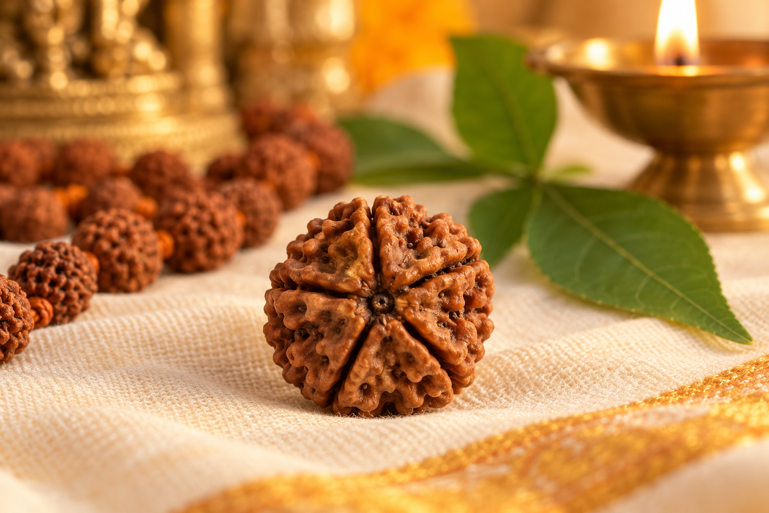 5 मुखी रुद्राक्ष - Five-Mukhi Rudraksha bead with prayer mala and brass lamp in warm sacred lighting